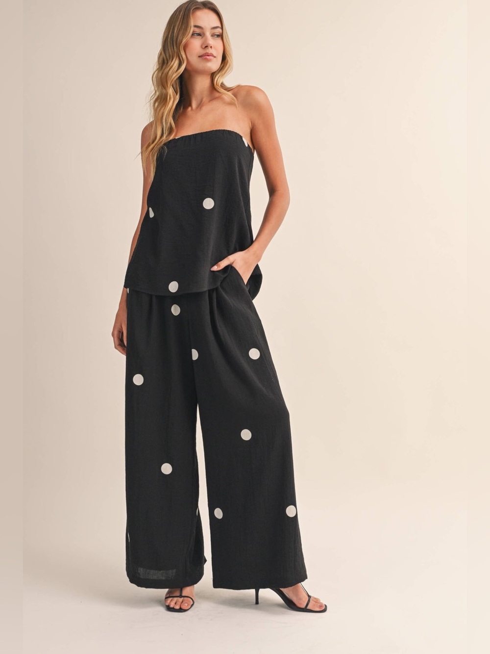 Timeless Contemporary Two-Piece Polka Dot Strapless Top & Wide Leg Palazzo Pant